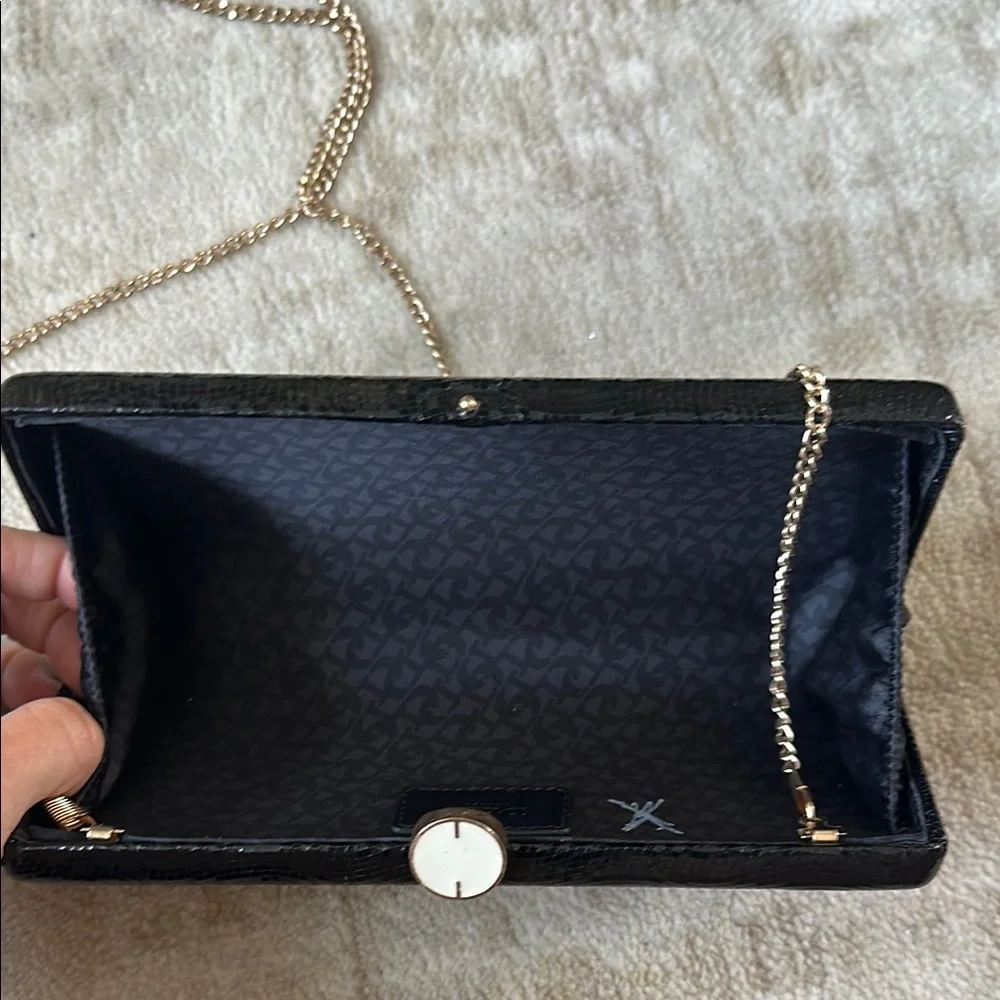 Elegant Black Patent Leather Shoulder Clutch with Gold Chain